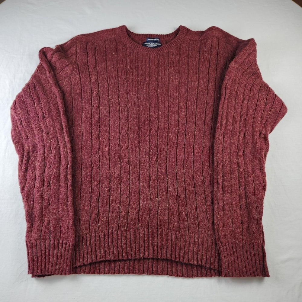 American Eagle Mens Burgundy Cable Knit Sweater Vintage Slim Fit Large Australia